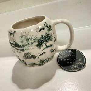 Sunday Morning Ceramics pumpkin shaped countryside mug - green and white toile